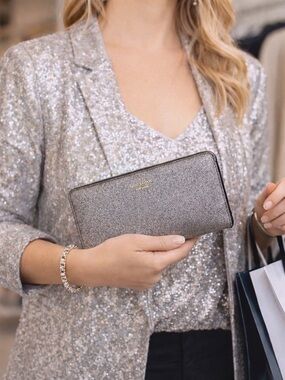 Kate Spade Silver Glitter Zip-Around Continental Wallet